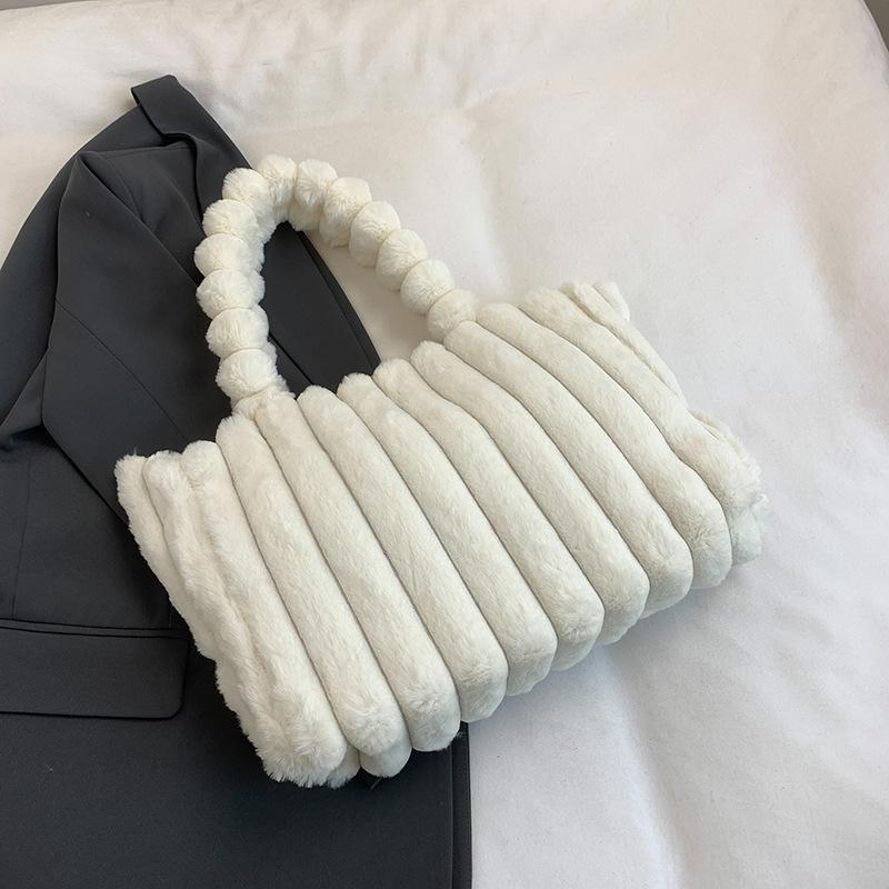 New Fashionable Solid Color Simple Casual Plush Portable Shoulder Underarm Bag Beautiful Fluffy Portable Handbag