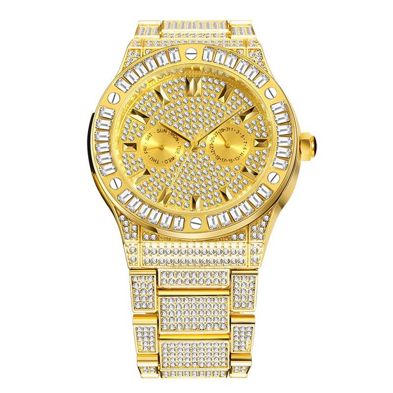 MISSFOX Mens Quartz Watch Bling Full Round Dial Waterproof 30M Classic Gold Plated Hip Hop Style