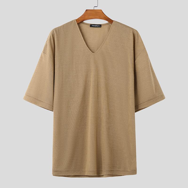 

INCERUN Свободные летние мужские полупрозрачные трикотажные футболки с V-образным вырезом, топы 2XL хаки