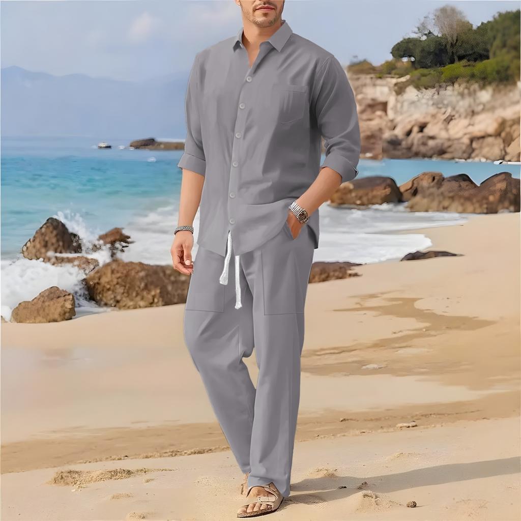 Spring Summer Autumn Men's Casual Long-Sleeved Set Solid Shirt and Pants - Comfortable and Fashionable Two-Piece Set
