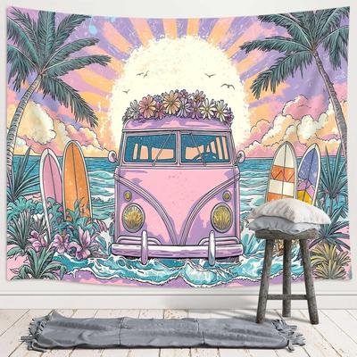 Tropical Beach Party Tapestry Wall Hanging, Summer Seaside Decor With Retro Classic Car, Surf, Palm Coconut Trees Art Tapestries