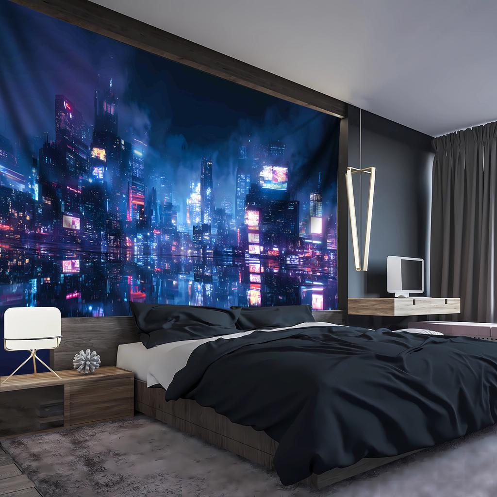 Neon Cityscape Tapestry  Futuristic Skyscrapers Reflections Vibrant Lights  Urban Glow for Modern and Stylish Home Decor