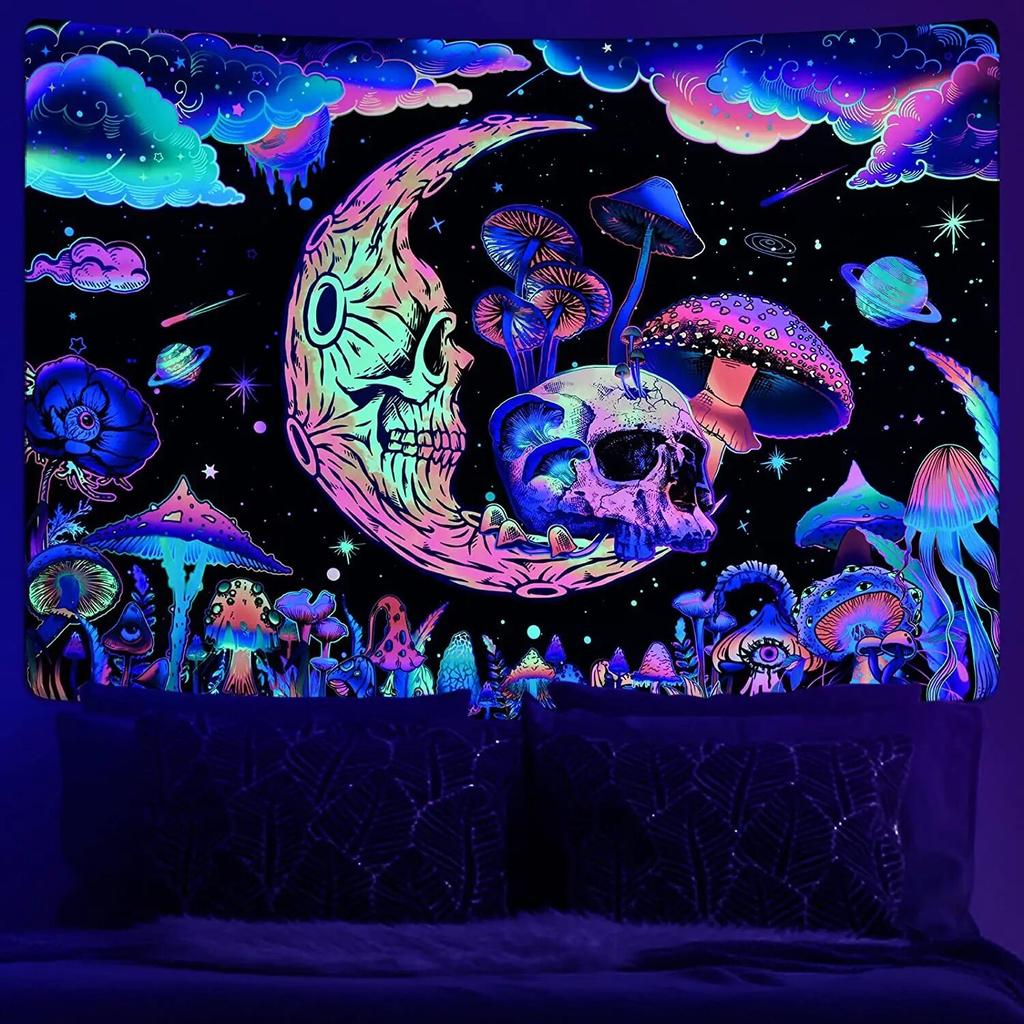 Astronauts UV Fluorescent Tapestry Black Light  Aesthetic Wall Hanging Hippie  for Bedroom Indie Room Decor