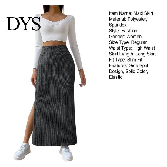 Casual Maxi Skirt with Side Slits High-Waisted Ribbed Long Flattering High-waisted Polyester Spandex Solid Color Hip Wrapped Autumn Winter Slimming