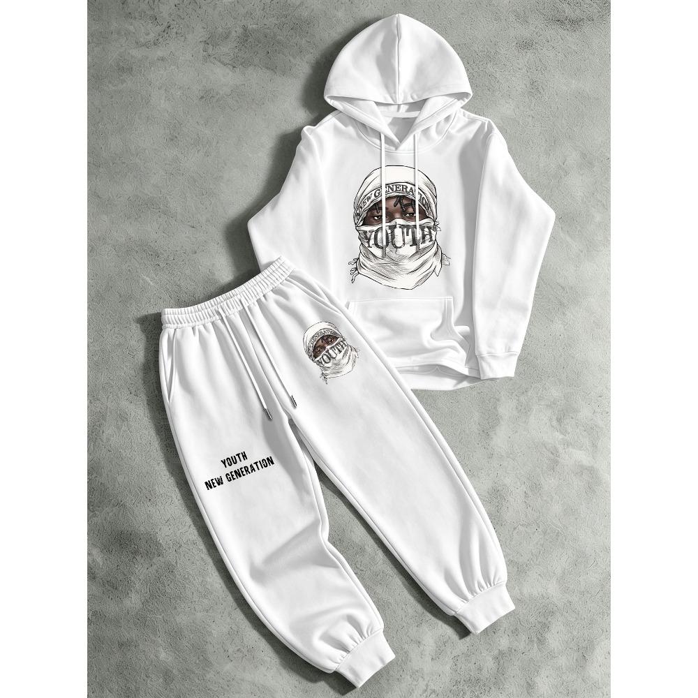 Men's Printed Hooded Sweatshirt and Pants Two Piece Set High Street Drawstring Sports Suit Soft and Skin Friendly Trendy Street Style