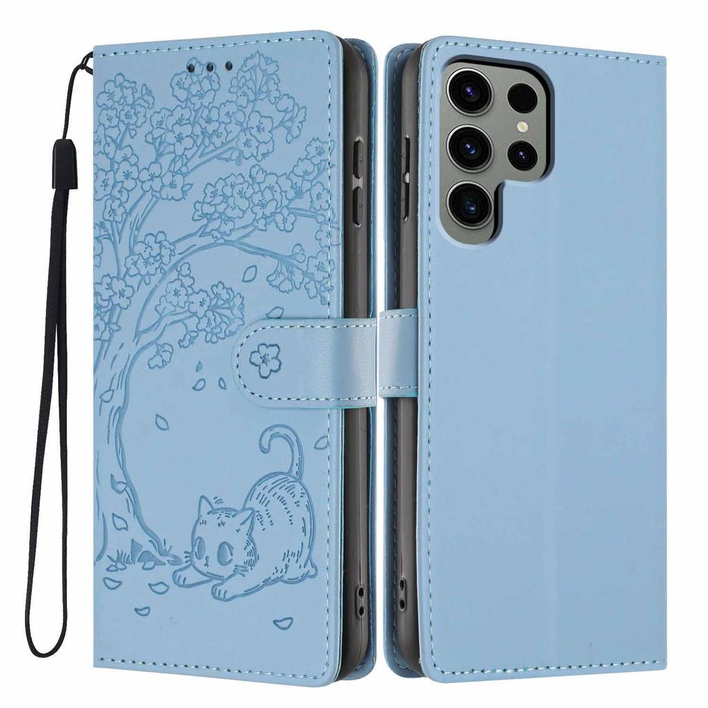 For Samsung Galaxy S24 Ultra Stand Case Tree-and-Cat Pattern PU Leather Wallet Protective Phone Cover with Wrist Strap