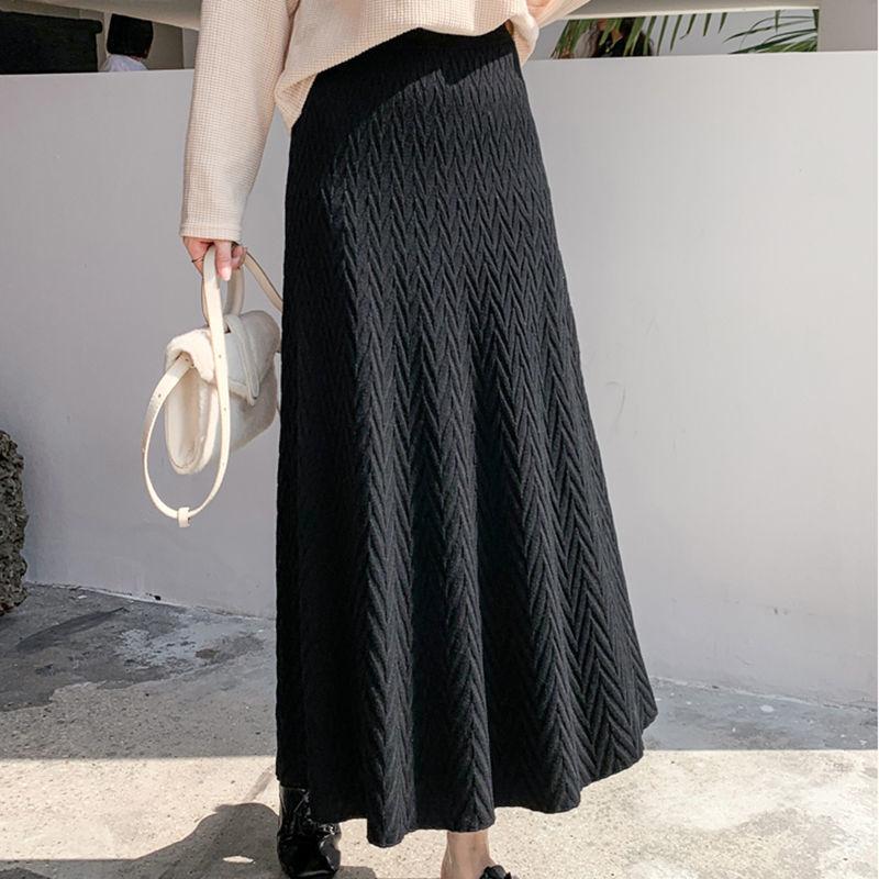 French Elegant A-Line Women's Autumn Winter Korean-Style Solid Color High Waist Knitted Midi Skirt Flared Umbrella Skirt