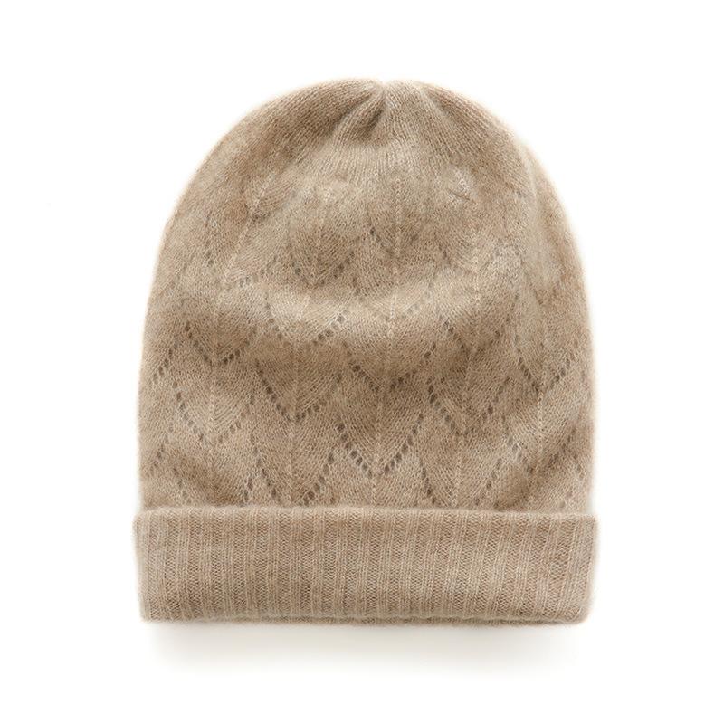 Cashmere Autumn and Winter New Hollow Houndstooth Pile Flanged Solid Color Warm Ear-protecting Baotou Knitted Hat