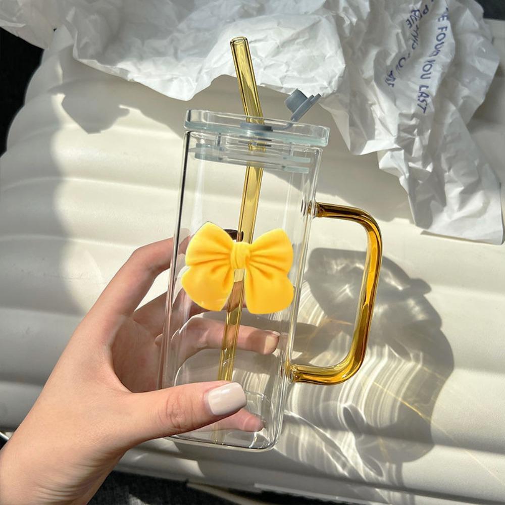 Versatile High Temperature Resistant Matcha Glass With Lids Capacity Glass Straw Cups Bowknot Glasses for Drinking Milk