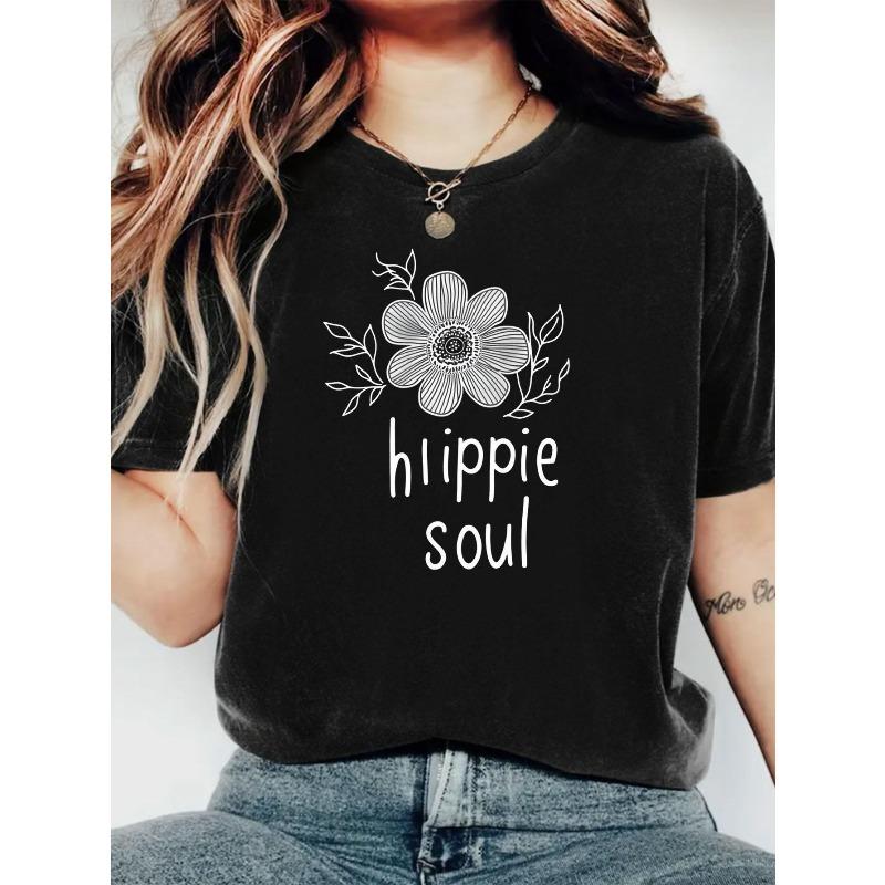 Women's Hippie Life Printed Crew Neck T Shirt, Women's Casual Short Sleeve Top, Suitable Round Neck Top for All Seasons