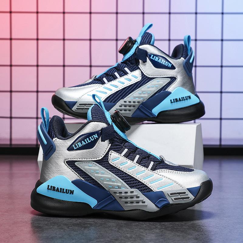 Children's Sports Shoes Boys Rotating Buttons 2025 New Spring Mesh Breathable Older Children's Youth Basketball Shoes Men
