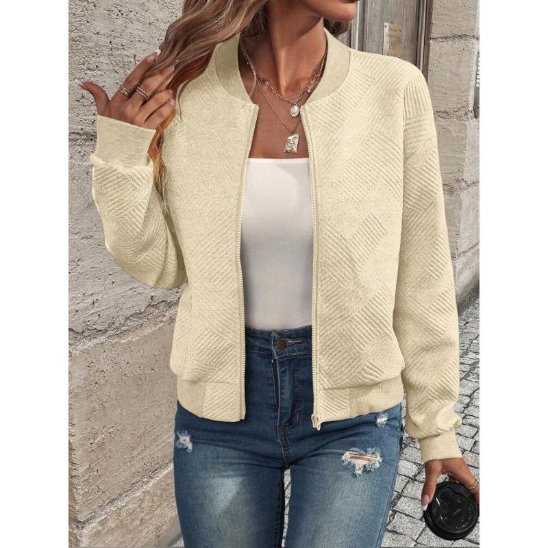 Women Solid Color Zipper Baseball Collar Casual Loose Jacket