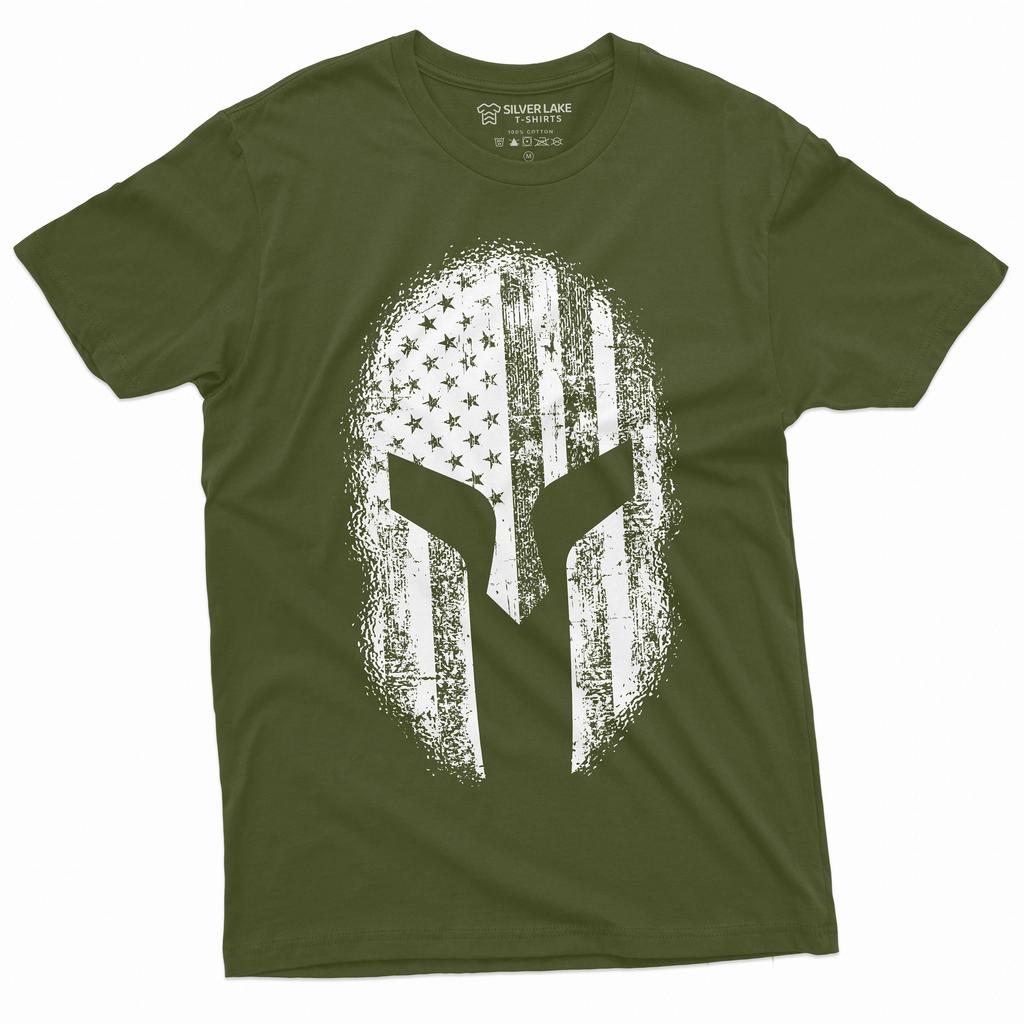 Men’s Spartan Helmet American Flag Tee Shirt Cool Warrior Helmet US 4th of July Birthday Gift ideas for Him