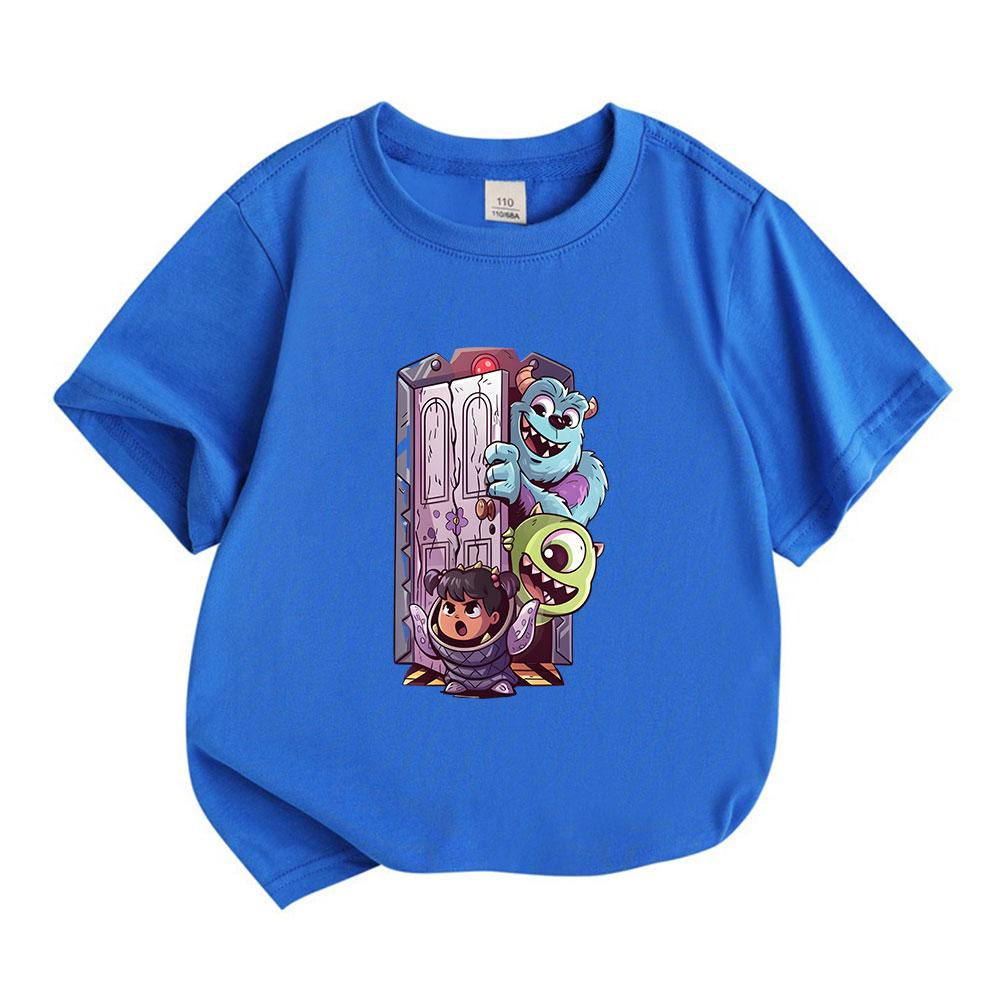 Kids Boys Girls 100% Cotton Crew Neck Short Sleeve T-Shirt, Cute Monster Door Cartoon Print Casual Summer Tees for Children Everyday Wear Lightweight