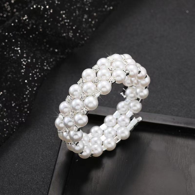 Multi-layer Pearl & Rhinestone Elastic Bracelet - Bridal Open Wrap Design