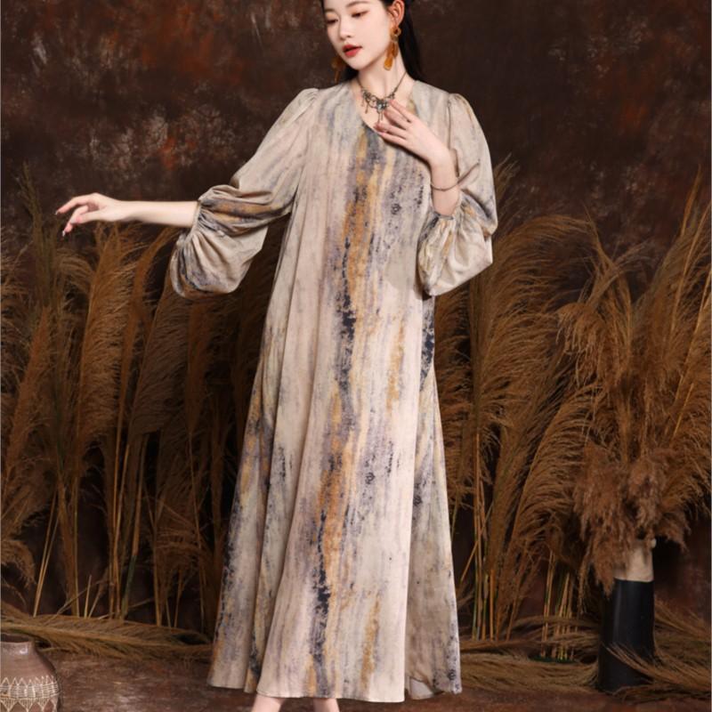 Johnature Summer Woman Balloon Sleeves Vintage Style Loose V-Neck Dress Terylene Half Sleeve Print Casual Dress