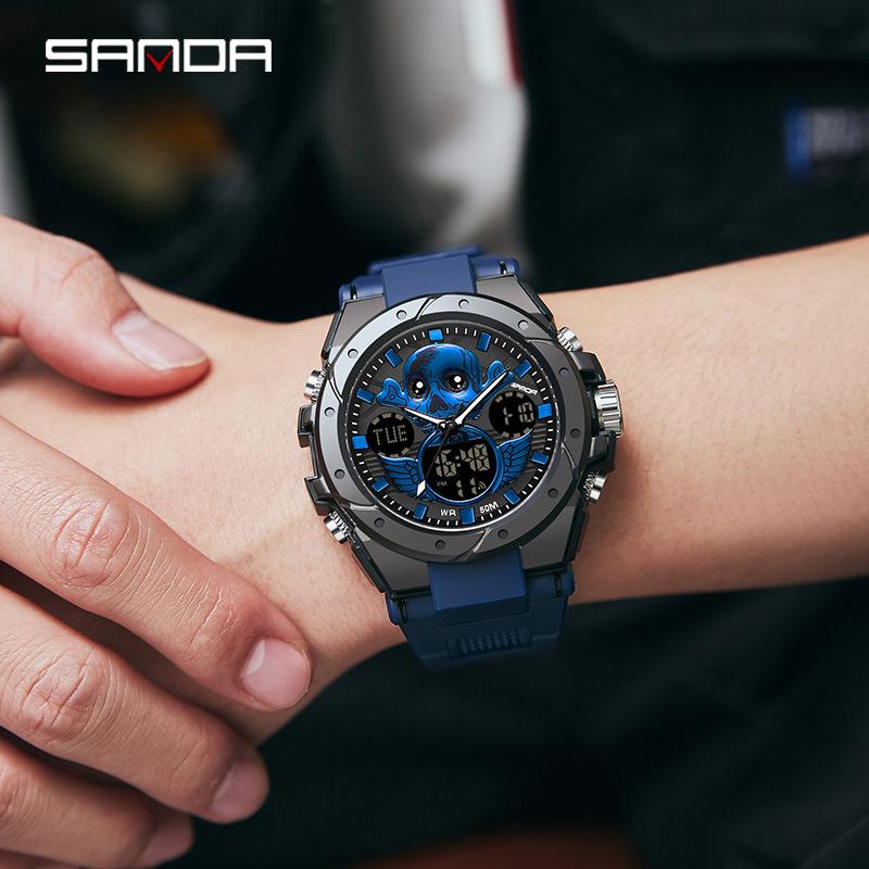 Sanda Skull Design Dual Display Waterproof Luminous Men's Student Multifunctional Watch