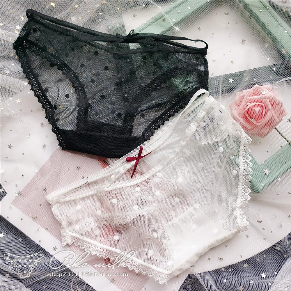 Roztomilé krajkové spodní prádlo s puntíkovanou síťovinou, s průstřihy a křížením na zádech, kalhotky s nízkým pasem, sexy roztomilé dámské kalhotky