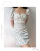 Women's 2025 Summer Lace-up Puff Sleeve Floral Mid-length Dress