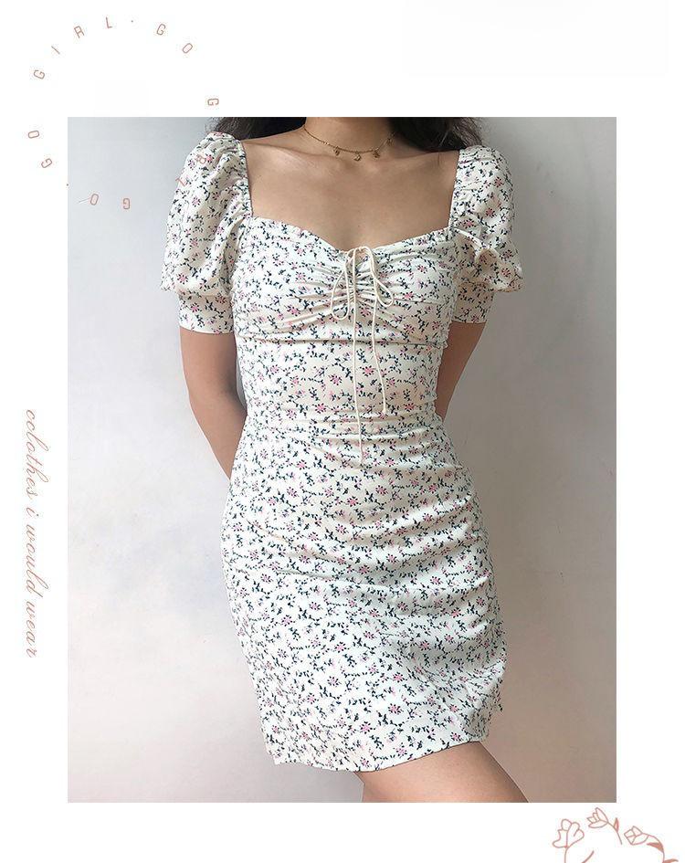 Women's 2025 Summer Lace-up Puff Sleeve Floral Mid-length Dress