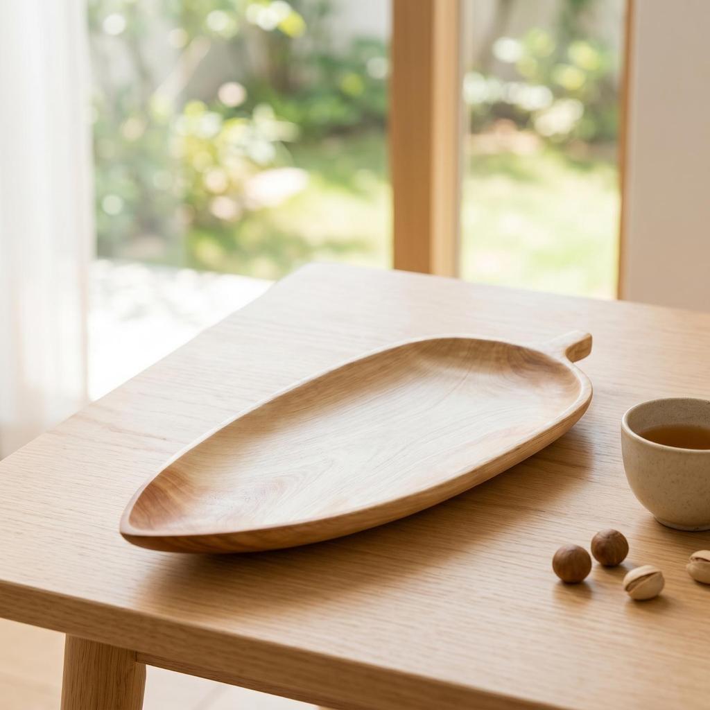 LeafShaped Tray Elongated with Handle Wood Wooden Serving Platter for Tabletop Display, Tea