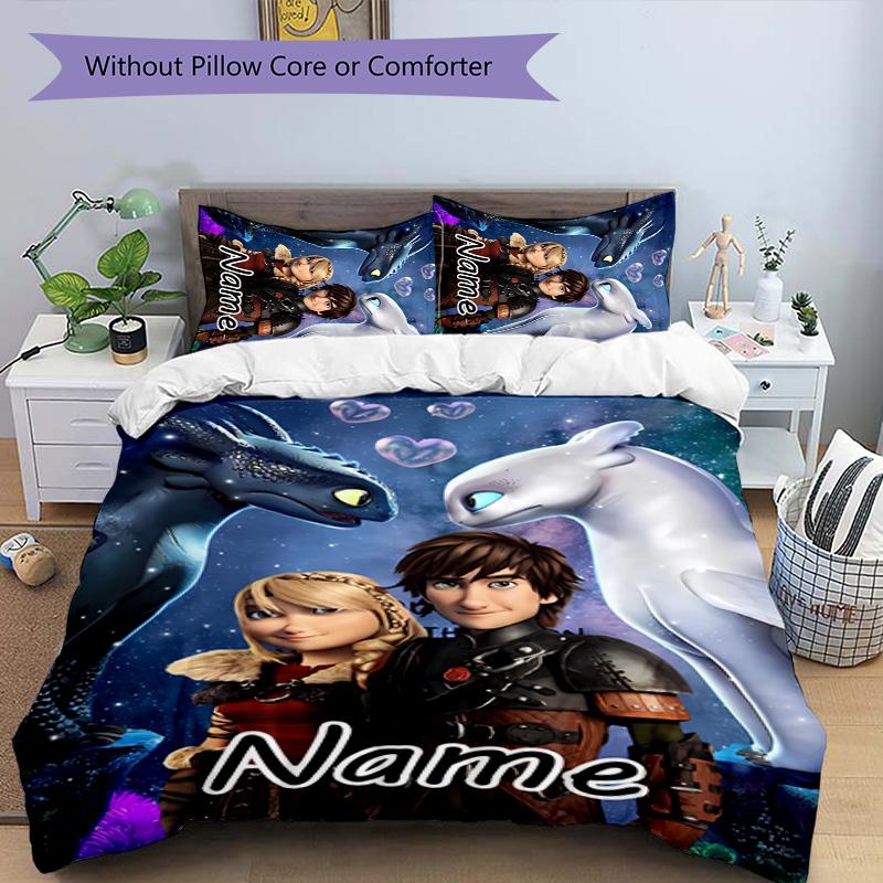 3pcs Toothless Cover Set - Personalized Name, HD Printed Bedding with 1 Cover and 2 Pillowcases - Perfect for Home Decor, Easy Care