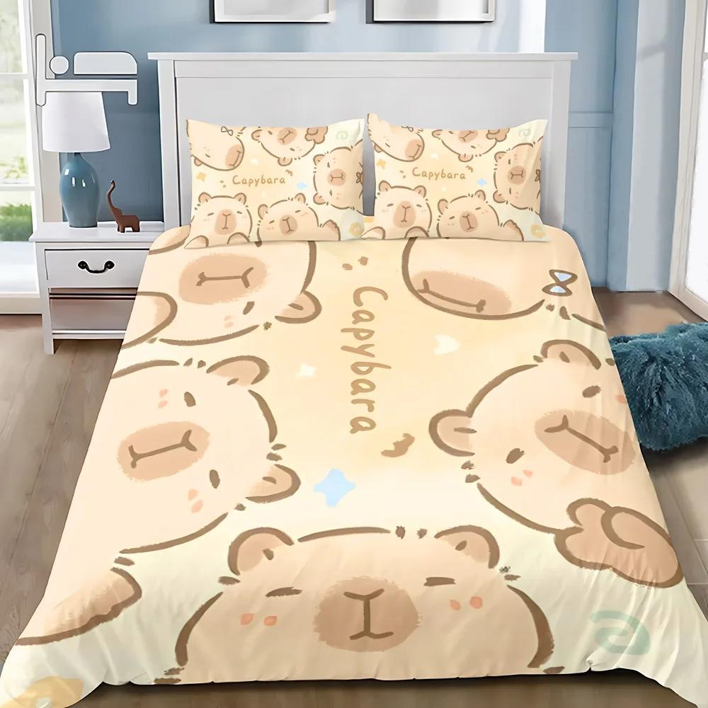 Capybara Quilt Cover Set 3D Decor Cute Print Comfortable Set Dark Style Breathable Bedding for Teenager Children