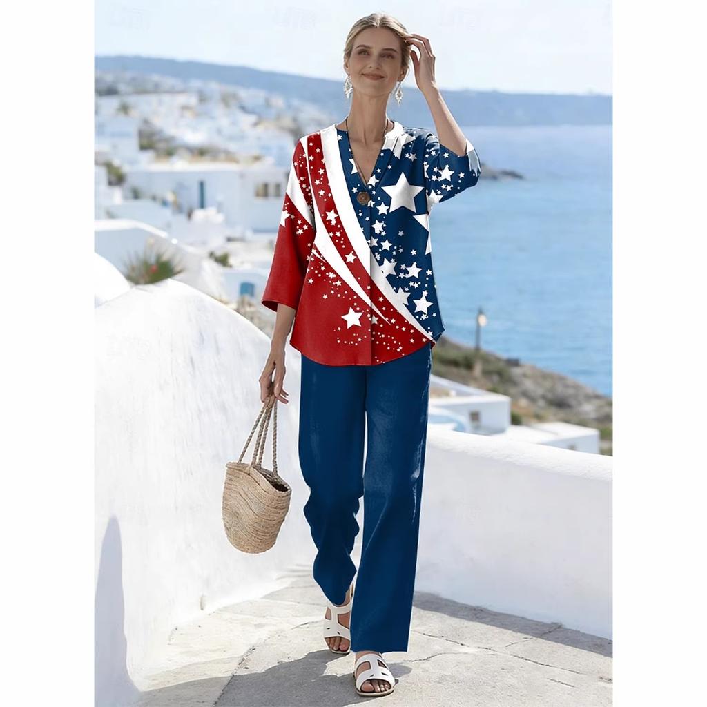 1116 European and American 1D printed women's suit resort style loose long-sleeved shirt casual trousers beach fashion trend