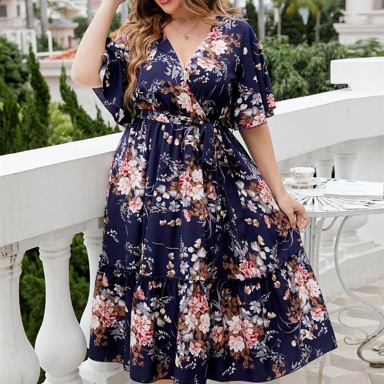 Women Summer Floral Print Casual Dress Short Sleeve V Neck High Waist Large Size Spring Fashion