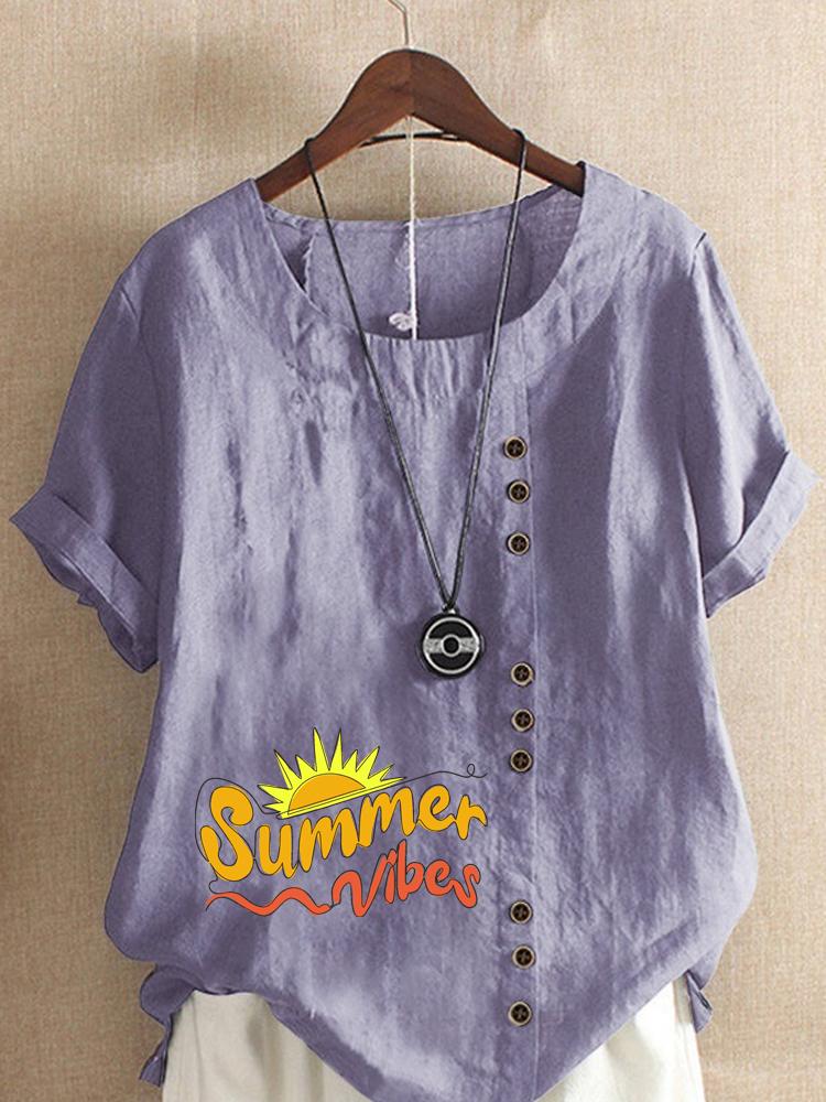 Women's Fashion Letter Print Round Neck Short Sleeve T-shirt Casual Cotton Linen Graphic Shirt Leisure Loose Summer Blouse Tops