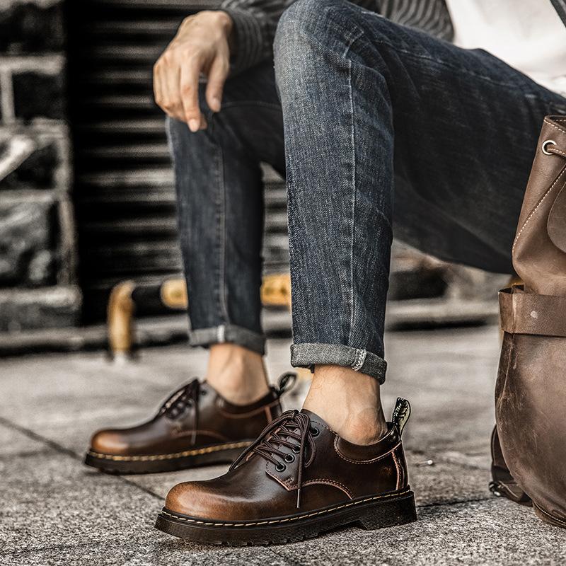 Round head casual leather shoes muffin bottom tooling low-top Martin shoes men's leather heightening retro