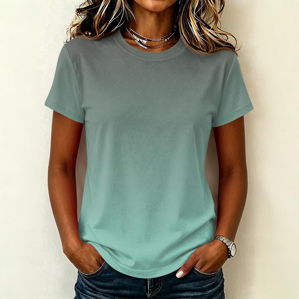 Women's Casual Pullover T-Shirt Short Sleeve Crew Neck Gradient Color Top Lightweight Soft Fabric Summer Wear