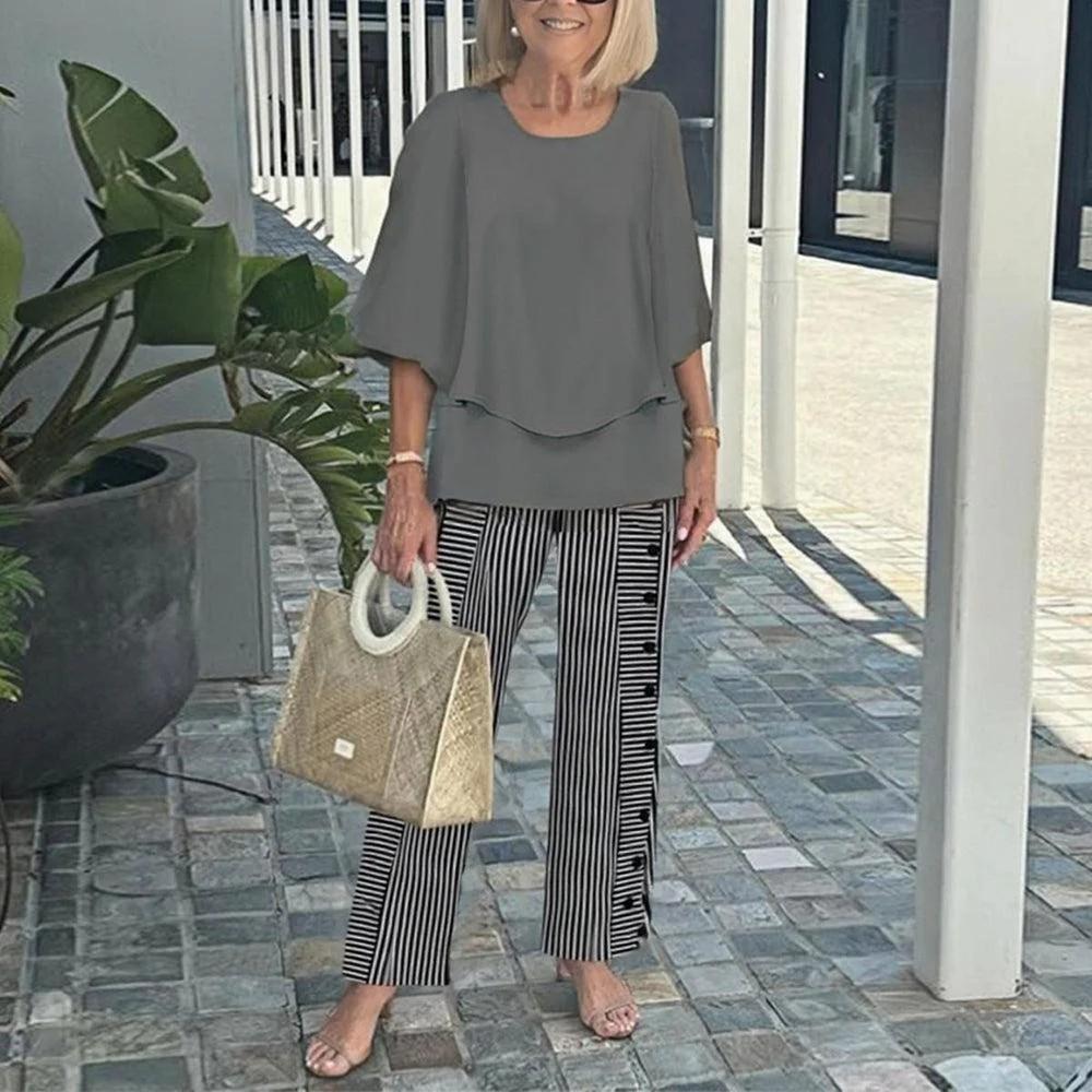 Women's Fashion Casual Loose Solid-color Cotton and Linen Two-piece Set
