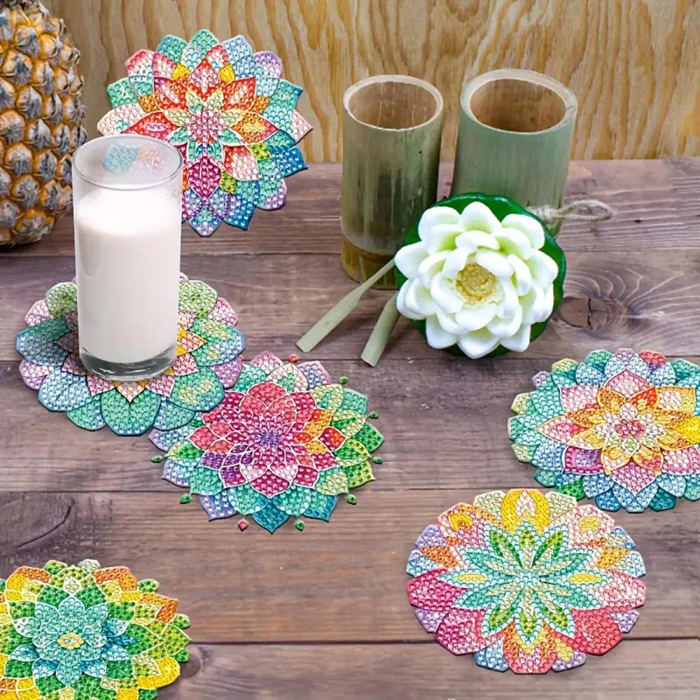 8 Pieces/set of Diamond Flower Patterned Coasters, DIY Coasters with Holder, Suitable for Beginners and Adults, Art and Craft Supplies Gifts