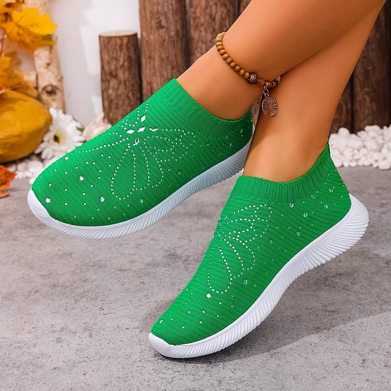 Fashion Crystal Butterfly Knitted Sneakers Women Breathable Slip On Casual Walking Shoes Woman Lightweight Soft Sole Green Sports Shoes
