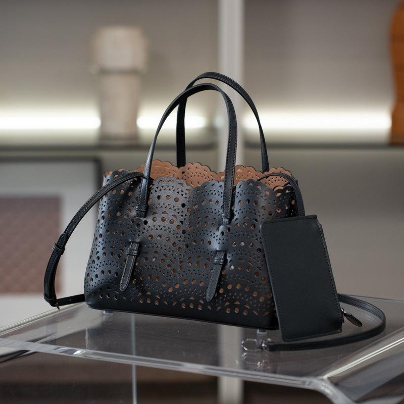 Кожаная женская сумка-тоут Французская полая резная 25 Ручная сумка через плечо Ленивый стиль Овощная корзина 25x16x13CM чёрный