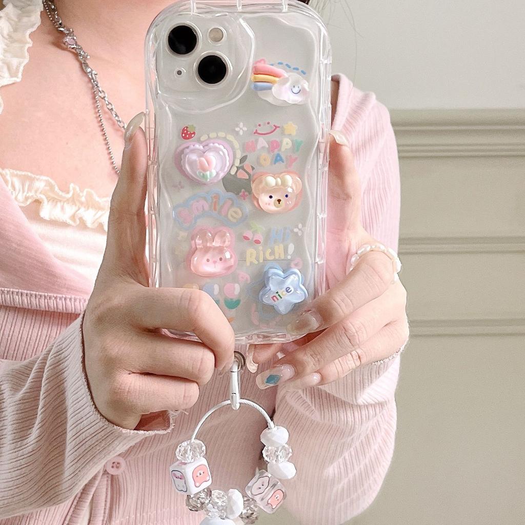Applicable To IPhone14 Three Dimensional Wavy Rabbit Soft Shell Apple 16 15 Rainbow Ice Cream Bracelet Mobile Phone Case