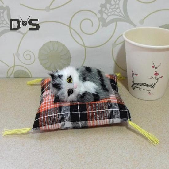 Simulation Cat Doll Plush Toy Mini Realistic Sleeping Kittens on Mat Figurine Stuffed Animal Toy with Cushion for Home Office Room Desktop Decor