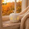 Small Fall Mantel Decor Lighted Pumpkin Hut Ornament, Rustic Thanksgiving Table Centerpiece, White Light-up Centerpiece House for Autumn Home