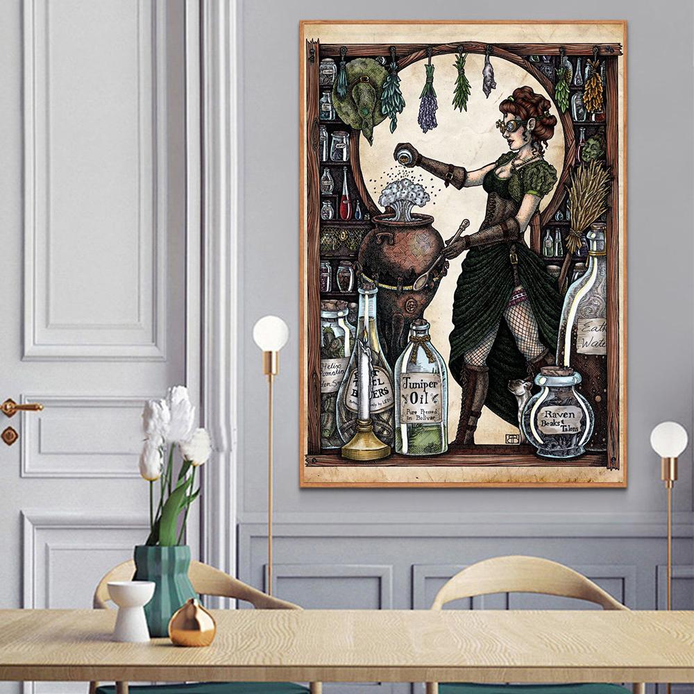 Průmyslová čarodějnice na výrobu lektvarů, malba na plátně, fantastický nástěnný umělecký plakát, vtipný obrázek pro obývací pokoj, domácí dekorace, cuadros