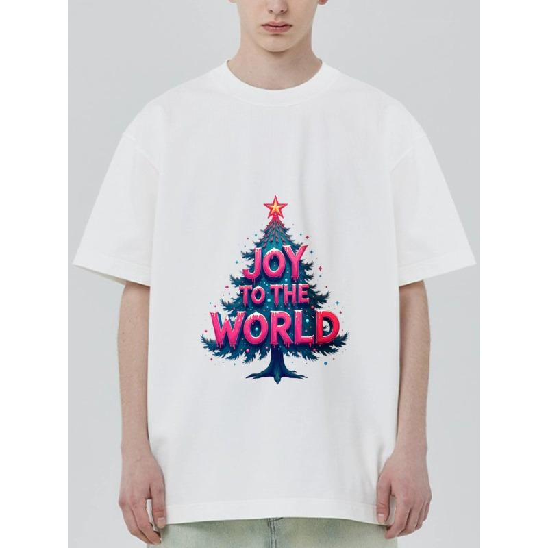

Black T-Shirt Joy To The World Christmas Tree Print Holiday Party Wear S