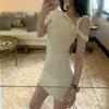 Summer 2023 American Retro One-Shoulder Irregular Knot Ice Silk Slimming Dress