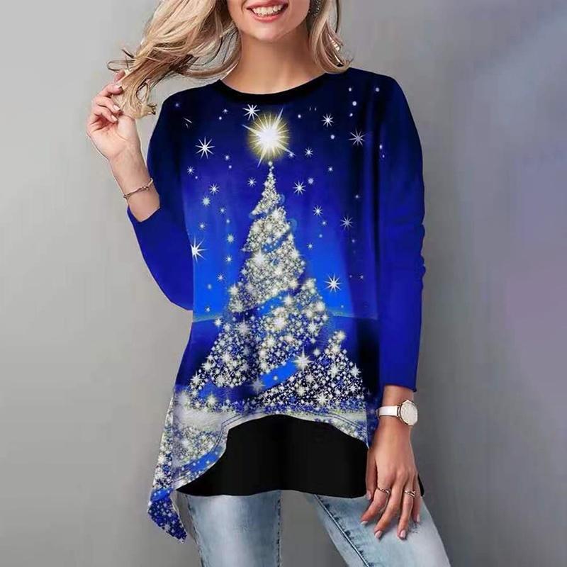

Дерево Женские Рождественские Топы Дамские Повседневные Пуловеры с Длинным Рукавом Рождественская Футболка Блузка Рубашка 5XL синий