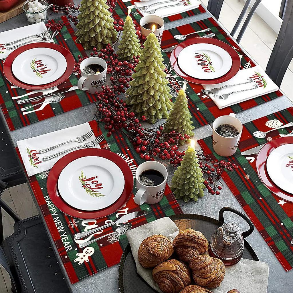 Christmas Placemats Table Mats Plaid Snowflake Santa Claus Coaster Pad Cup Dining Kitchen Placemat Non-Slip Home Decorations