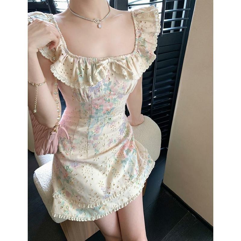 Summer new slim bow girl big lotus leaf edge waist thin jacquard print dress