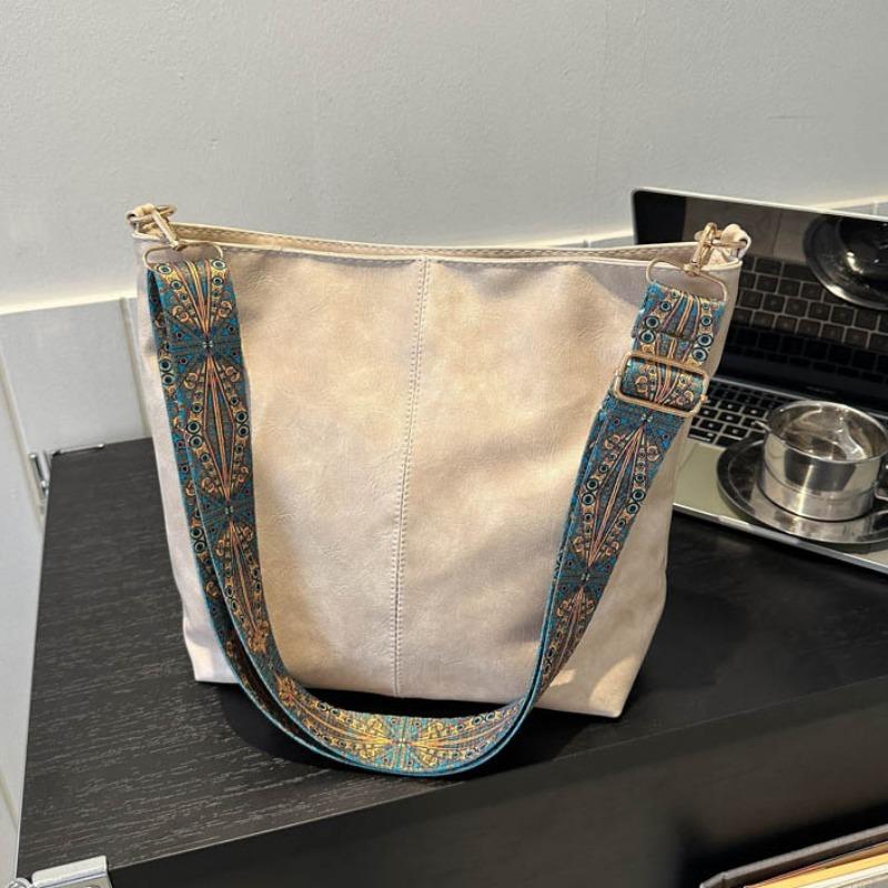 Geantă Tote de Damă Vintage, Geantă de Umăr Sling din Piele PU la Modă, Capacitate Mare, Simplă, cu Curea Lată, Tip Găleată, Crossbody, Modă