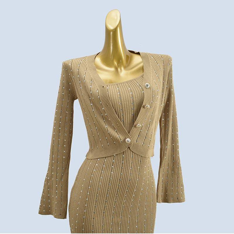 Fashion Two-Piece Set Spring & Fall Heavy Industry Fashion Oblique Shoulder Hot Drilling Knitting Silm Hip Bag Dress with Coat Set