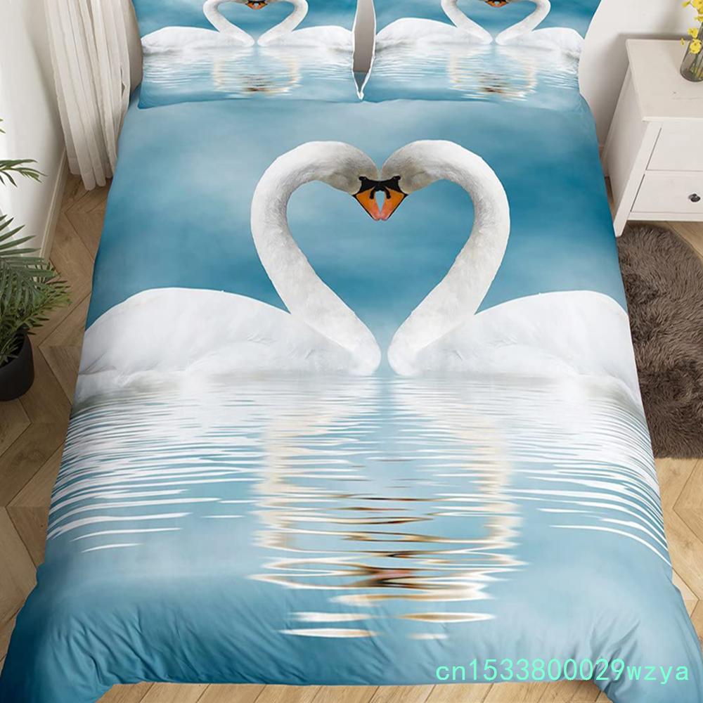 Romantisches Bettbezug-Set mit Schwanenmotiv, Kingsize, Wildtier-Bettbezug, Schmetterlings-Blumenmuster, Bettwäsche-Set für Valentinstag, Hochzeitsdeko
