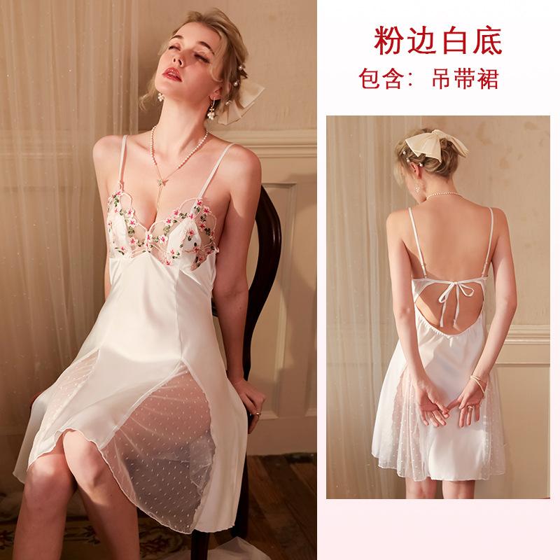 New ice silk pajamas satin sexy halter suspender pajamas lace splicing pajamas women's clothing