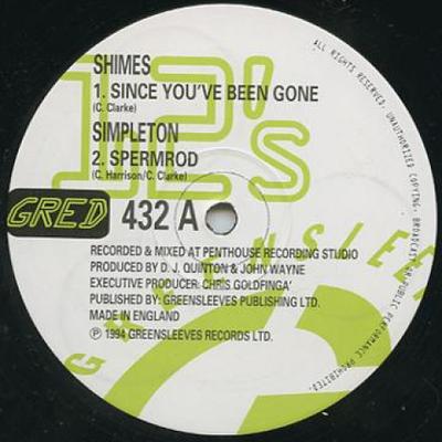 Disc de 12 inch SHIMES; SIMPLETON / CREW-UL POMPIERILOR - De când ai plecat; Spermrod / GRED432 Greensleeves 1994 UK Reggae, Ska & Dub
